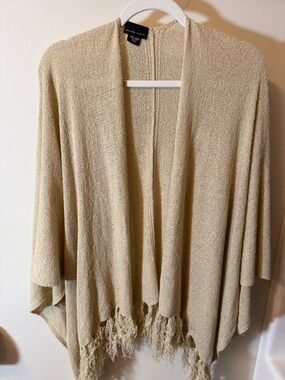 New York & Company Cream Open-Front Fringe Poncho